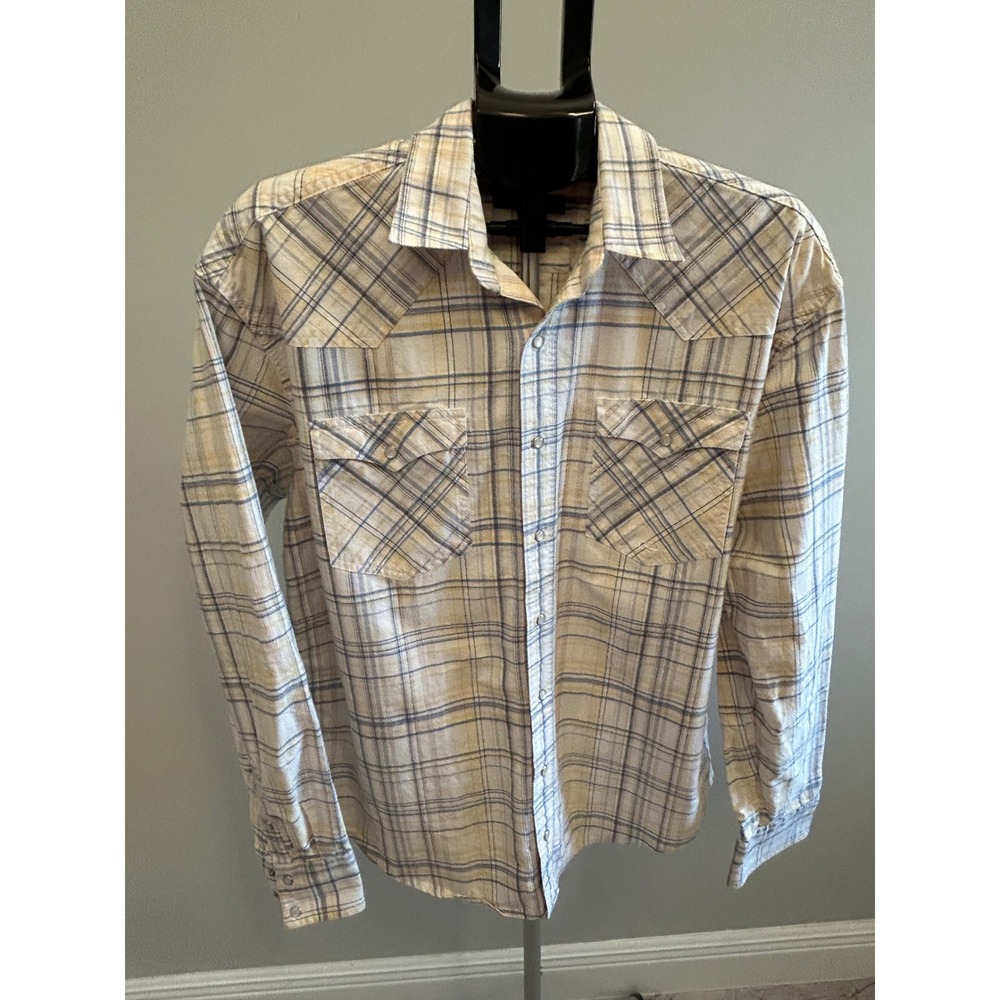 Roper Mens Tall Large Western Pearl Snap Plaid Shirt Yellow Blue 100% Cotton LT